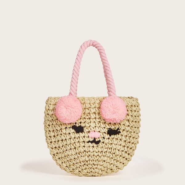 

Girls Cartoon Design Straw Bag, Khaki