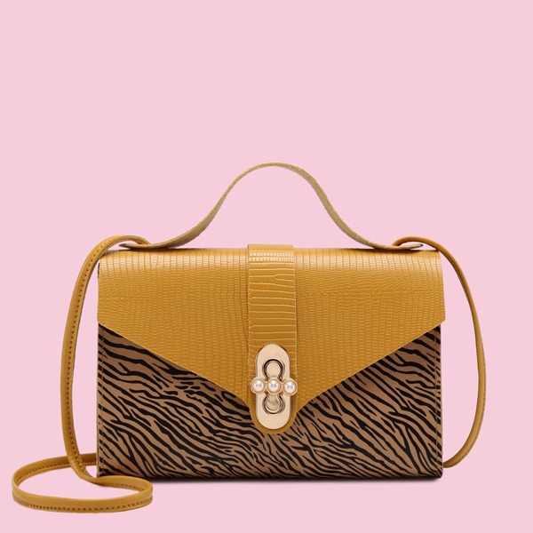 

Allover Graphic Turn-lock Satchel Bag, Yellow
