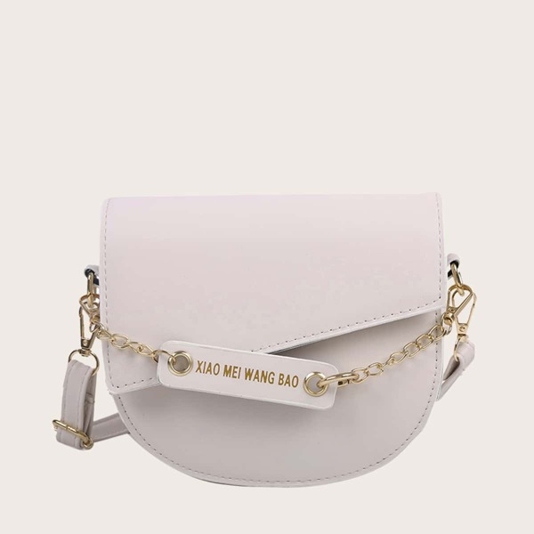 

Asymmetrical Flap Chain Saddle Bag, White