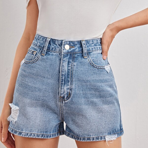 

Slant Pocket Ripped Denim Shorts, Light wash