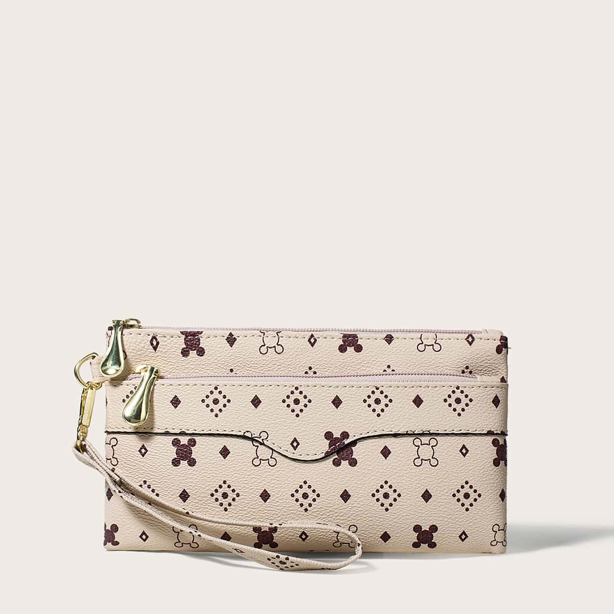 

Geo Graphic Zipper Long Wallet, Beige