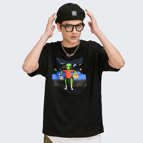 

Men Drop Shoulder Letter & Alien Graphic Tee, Black
