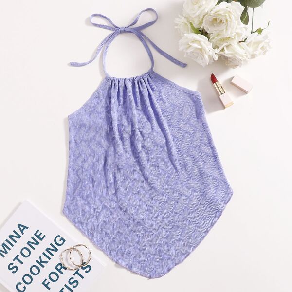 

Asymmetrical Hem Tie Back Halter Neck Top, Violet purple