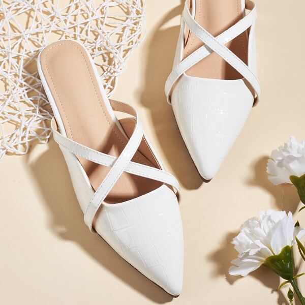 

Croc Embossed Cross Strap Flat Mules, White