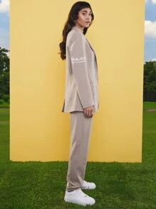 ROPES Letter Graphic Single Breasted Blazer - Khaki - View 3