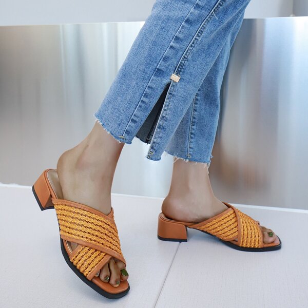 

Cross Strap Braided Chunky Heeled Mules, Brown