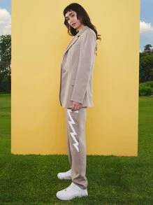 ROPES Letter Graphic Single Breasted Blazer - Khaki - View 4