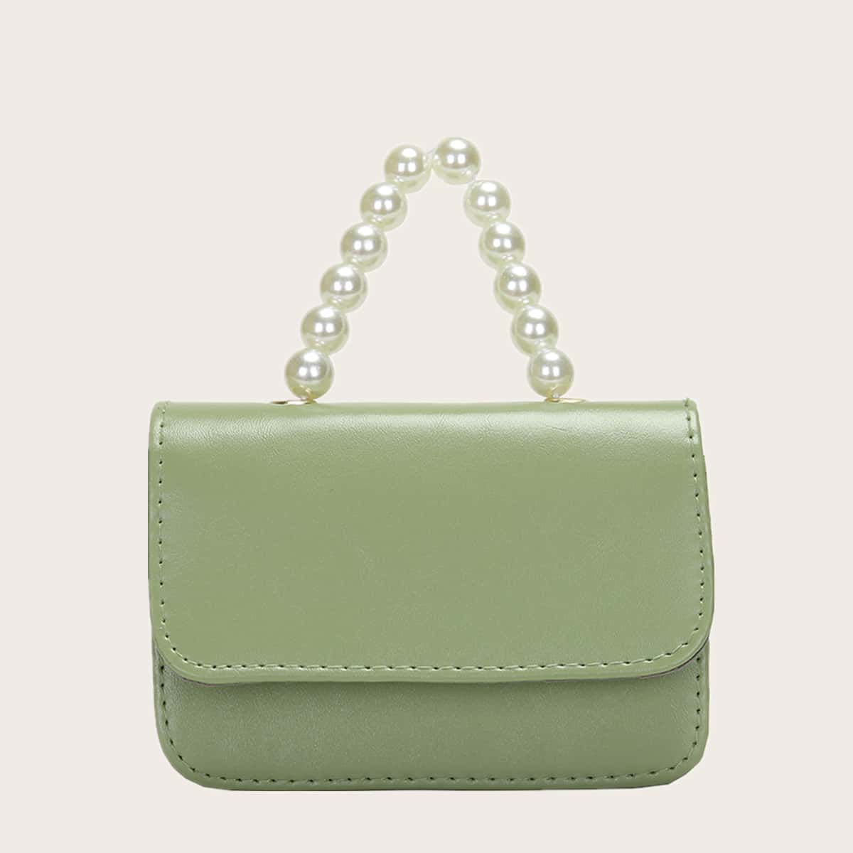 

Faux Pearl Handle Mini Satchel Bag, Green