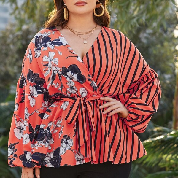 

Plus Striped & Floral Belted Blouse, Coral orange