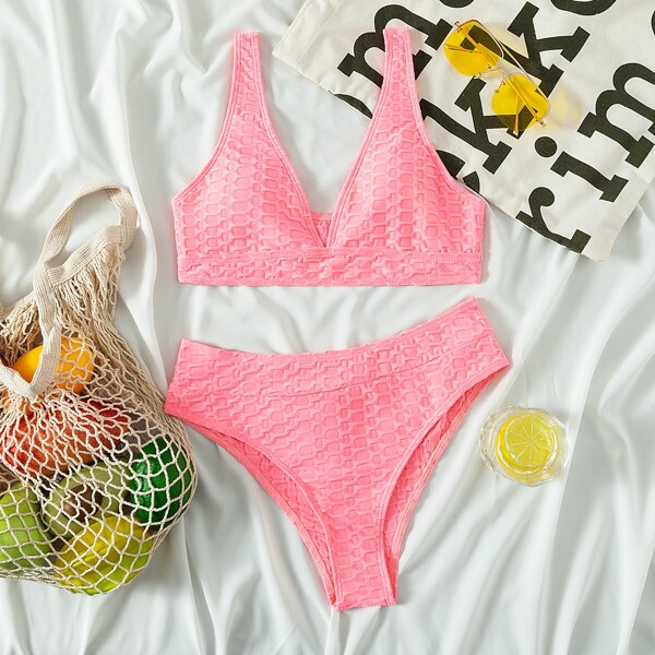 

Textured V Neck Bikini Swimsuit, Pink