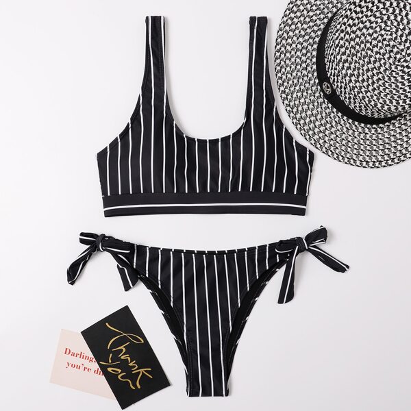 

Striped Tie Side Bikini Swimsuit, Black and white