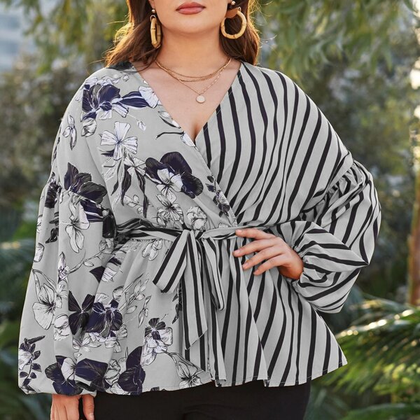 

Plus Striped & Floral Belted Blouse, Multicolor