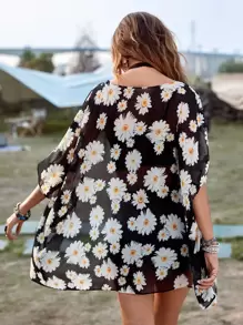 SHEIN Swim Floral Print Sheer Chiffon Kimono,Summer Beach - Multicolor - View 2