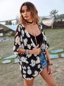 SHEIN Swim Floral Print Sheer Chiffon Kimono,Summer Beach - Multicolor - View 4