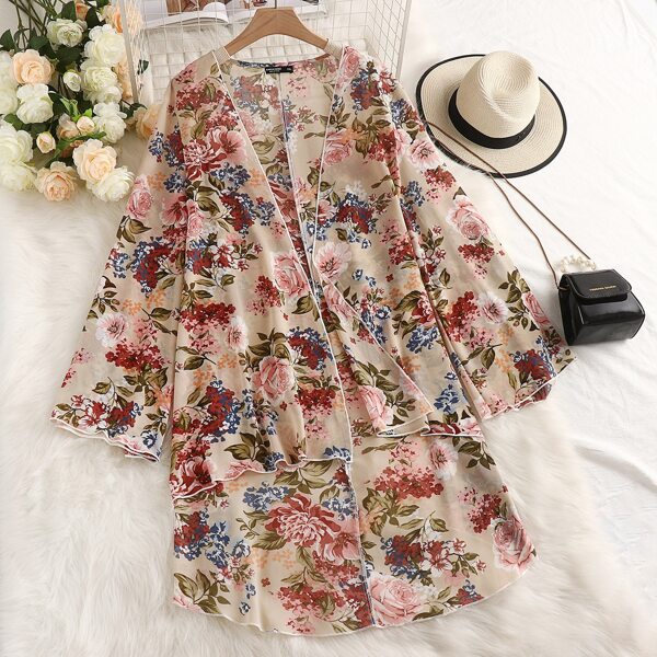 

Plus Floral Print Dip Hem Kimono, Multicolor