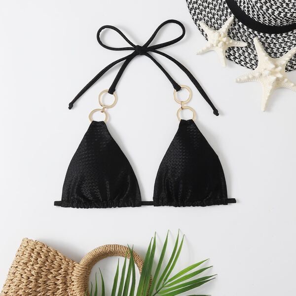 

Textured Ring Linked Triangle Bikini Top, Black