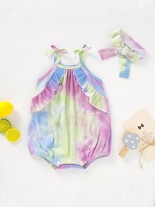 女婴紮染荷葉邊吊帶連體衣帶髮帶