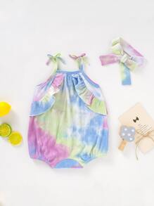 女婴紮染荷葉邊吊帶連體衣帶髮帶