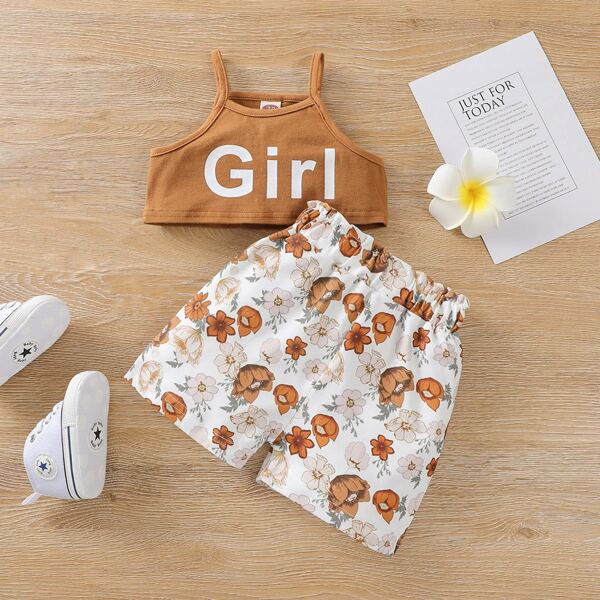 

Baby Girl Letter Graphic Cami Top With Floral Shorts, Multicolor