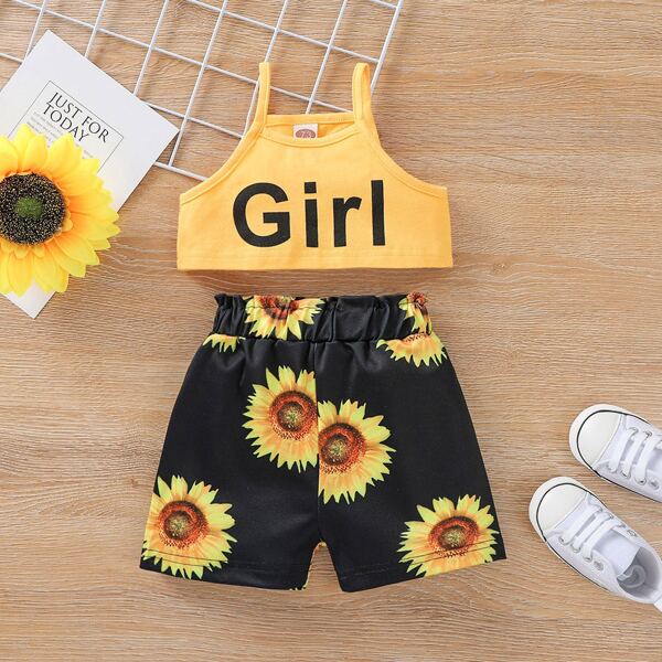 

Baby Girl Letter Graphic Cami Top With Sunflower Shorts, Multicolor