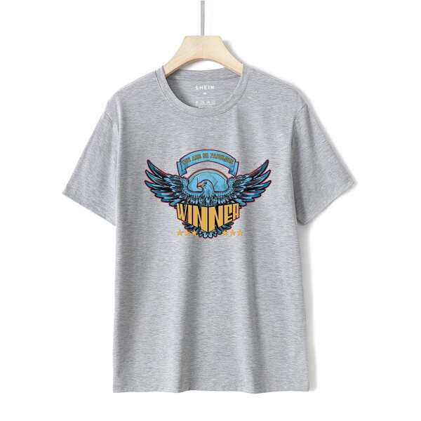 

Letter & Eagle Print Short Sleeve Tee, Grey