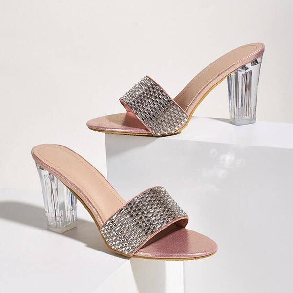

Rhinestone Decor Clear Heeled Mule Sandals, Pink