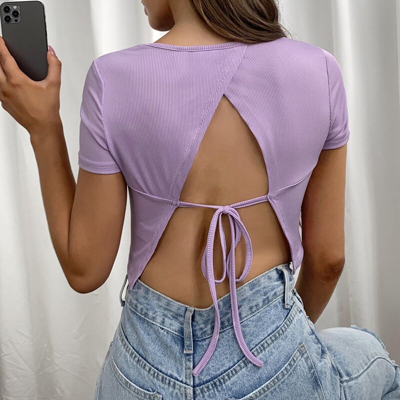 

Solid Cut Out Back Tee, Lilac purple