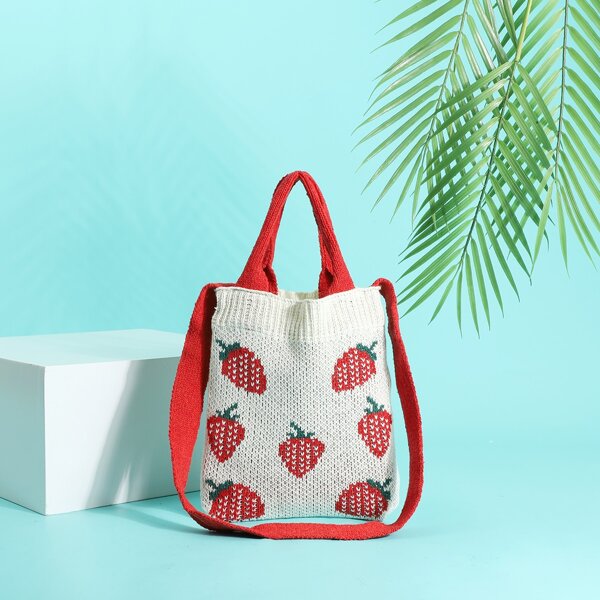 

Strawberry Print Knit Satchel Bag, Red and white