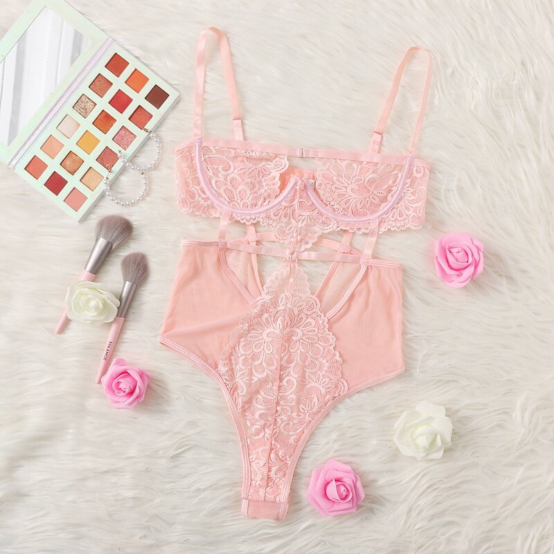 

Floral Lace Underwire Cut-out Teddy Bodysuit, Coral pink