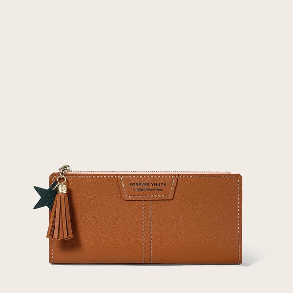 

Tassel Charm Stitch Detail Long Wallet, Brown