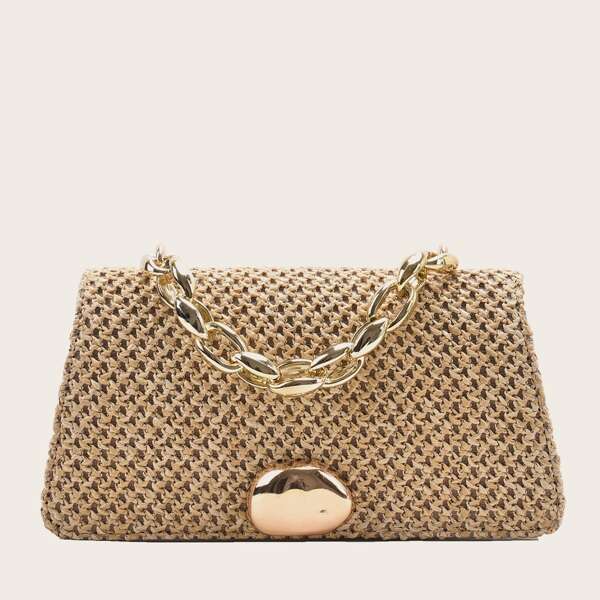 

Metal Decor Flap Chain Bag, Khaki