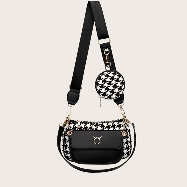 

3pcs Houndstooth Pattern Baguette Bag Set, Black and white