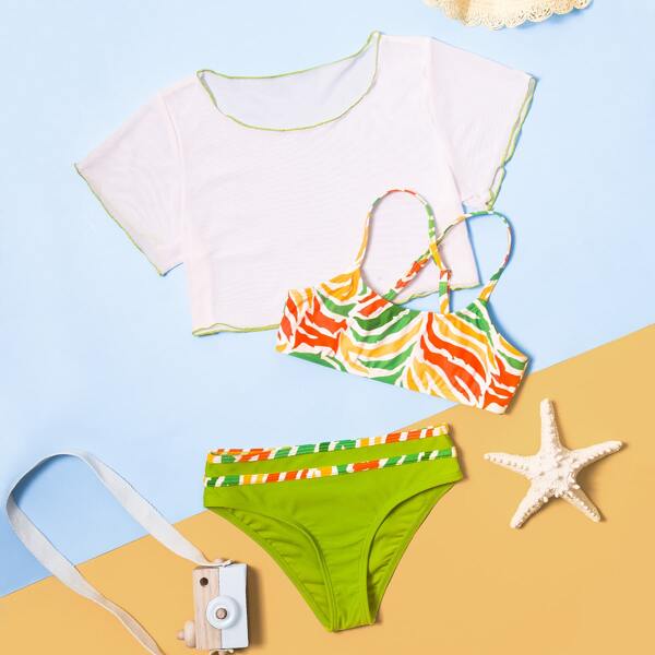 

3pack Girls Graphic Bikini Swimsuit With Cover Up, Multicolor