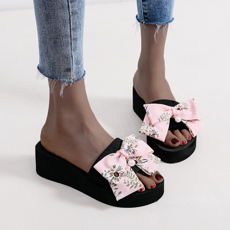 

Plants Pattern Bow Decor Slides, Pink