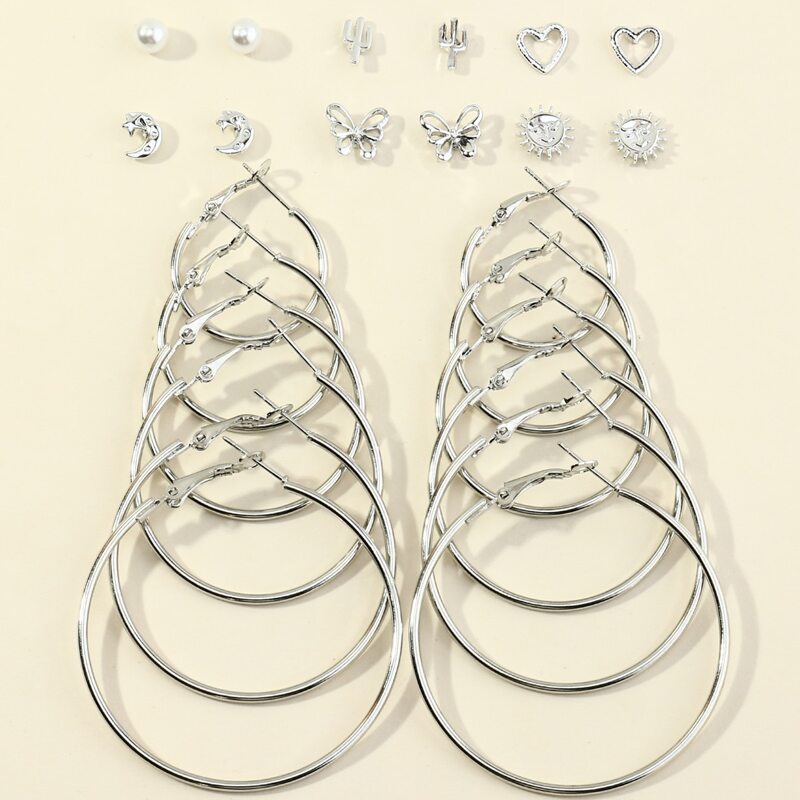 

12pairs Heart & Butterfly Earrings Set, Silver