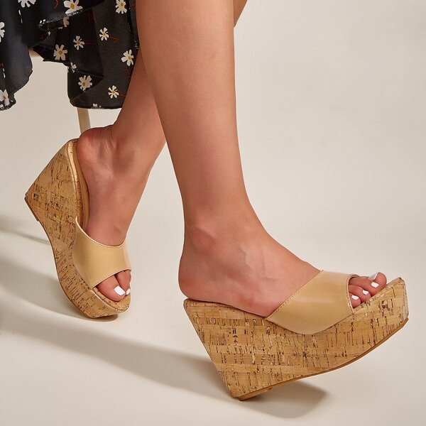 

Open Toe Cork Mule Wedges, Apricot