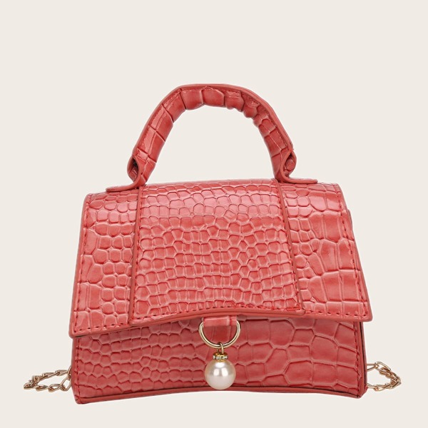 

Mini Faux Pearl Decor Croc Embossed Satchel Bag, Watermelon pink