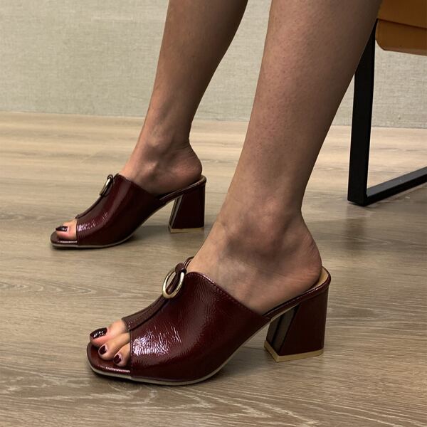 

Peep Toe O-ring Decor Chunky Heeled Mule Heels, Burgundy