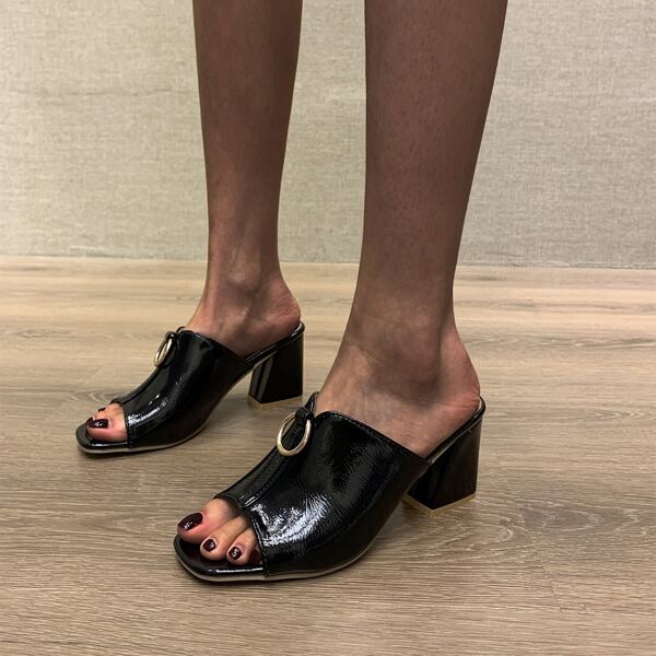

Peep Toe O-ring Decor Chunky Heeled Mule Heels, Black