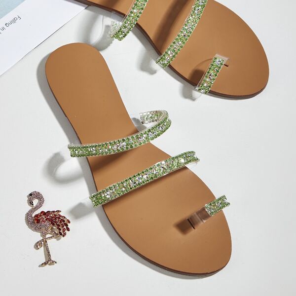 

Rhinestone Decor Thong Sandals, Green