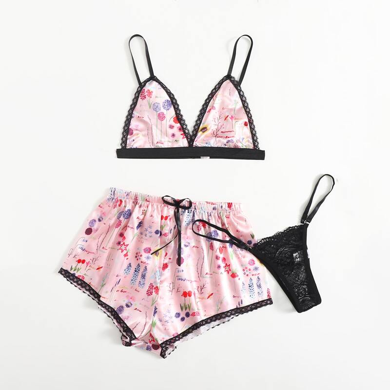 

3pack Floral Pattern Thong Lingerie Set, Pink
