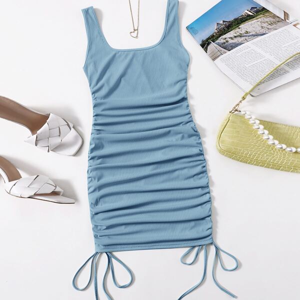 

Drawstring Side Tank Bodycon Dress, Dusty blue