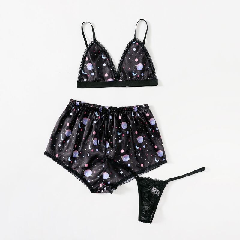 

3pack Galaxy Pattern Thong Lingerie Set, Black