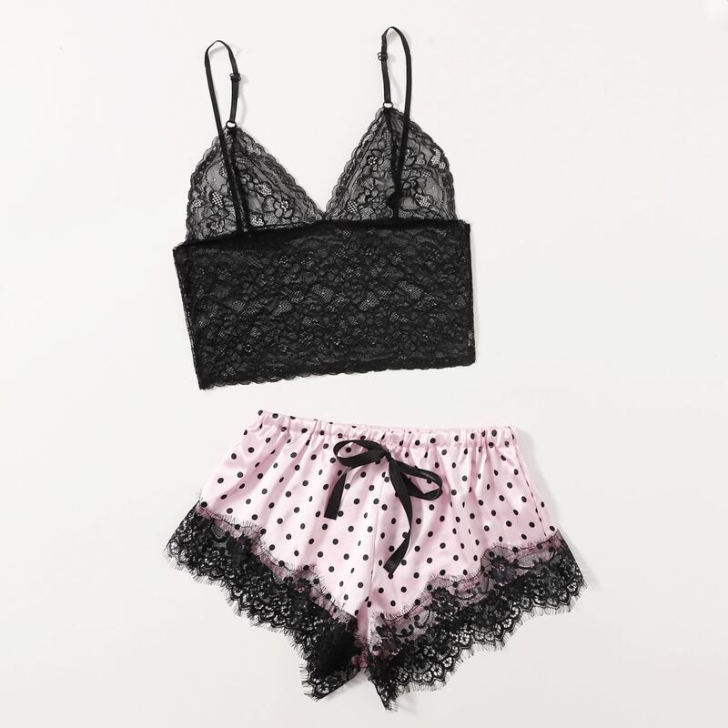 

Floral Lace Bralette & Polka Dot Satin Shorts, Pink