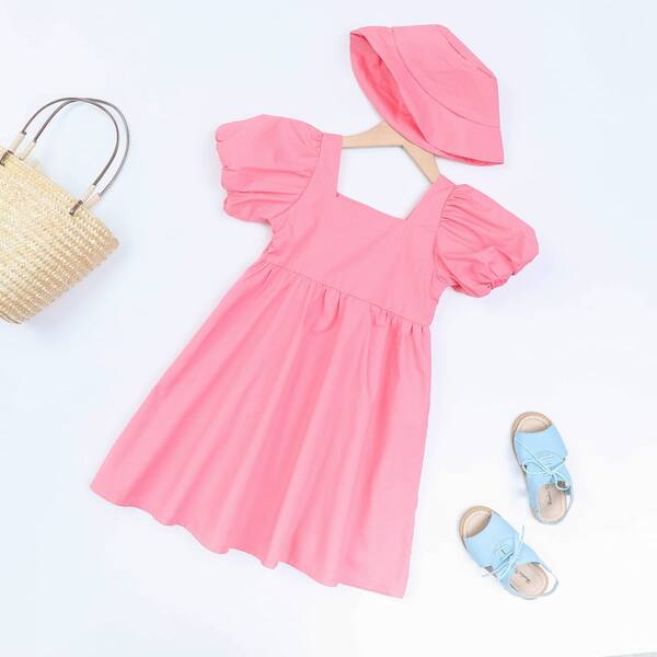 

Girls Puff Sleeve Smock Dress With Hat, Pink