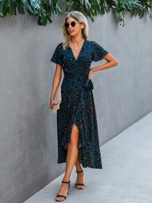 SHEIN Clasi Allover Print High Low A-line Dress - Dark Green - View 4