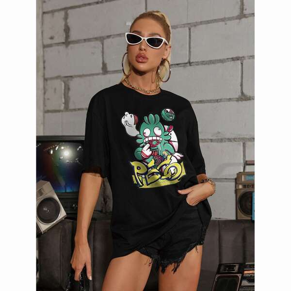 

Cartoon And Letter Graphic Longline Tee, Black