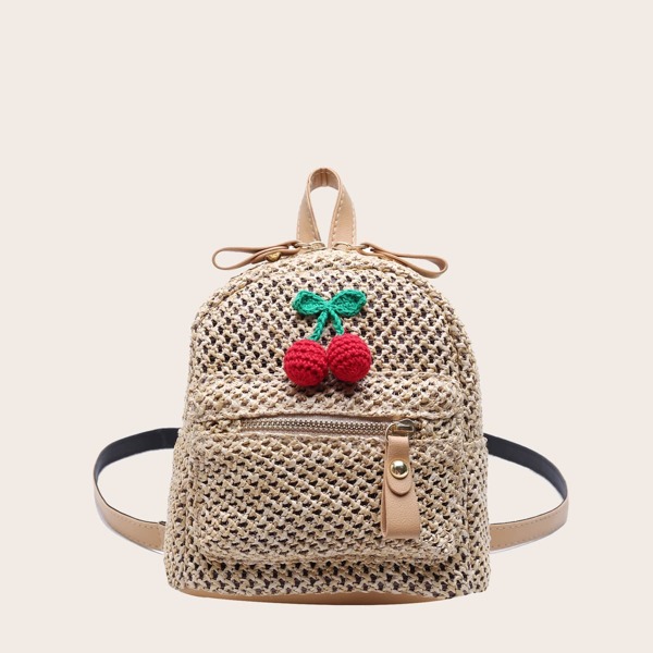 

Fruit Decor Pocket Front Straw Bag, Khaki