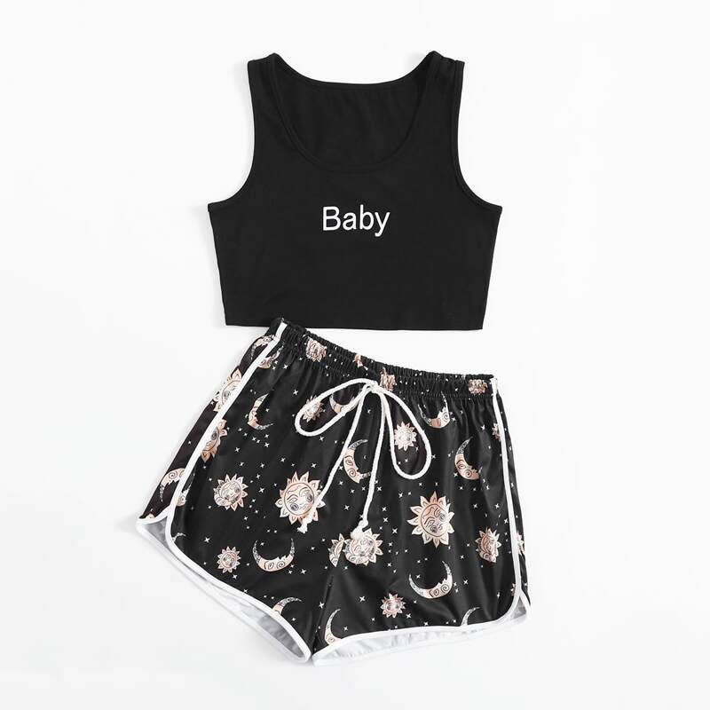 

Letter Sun & Moon Graphic Pajama Set, Black