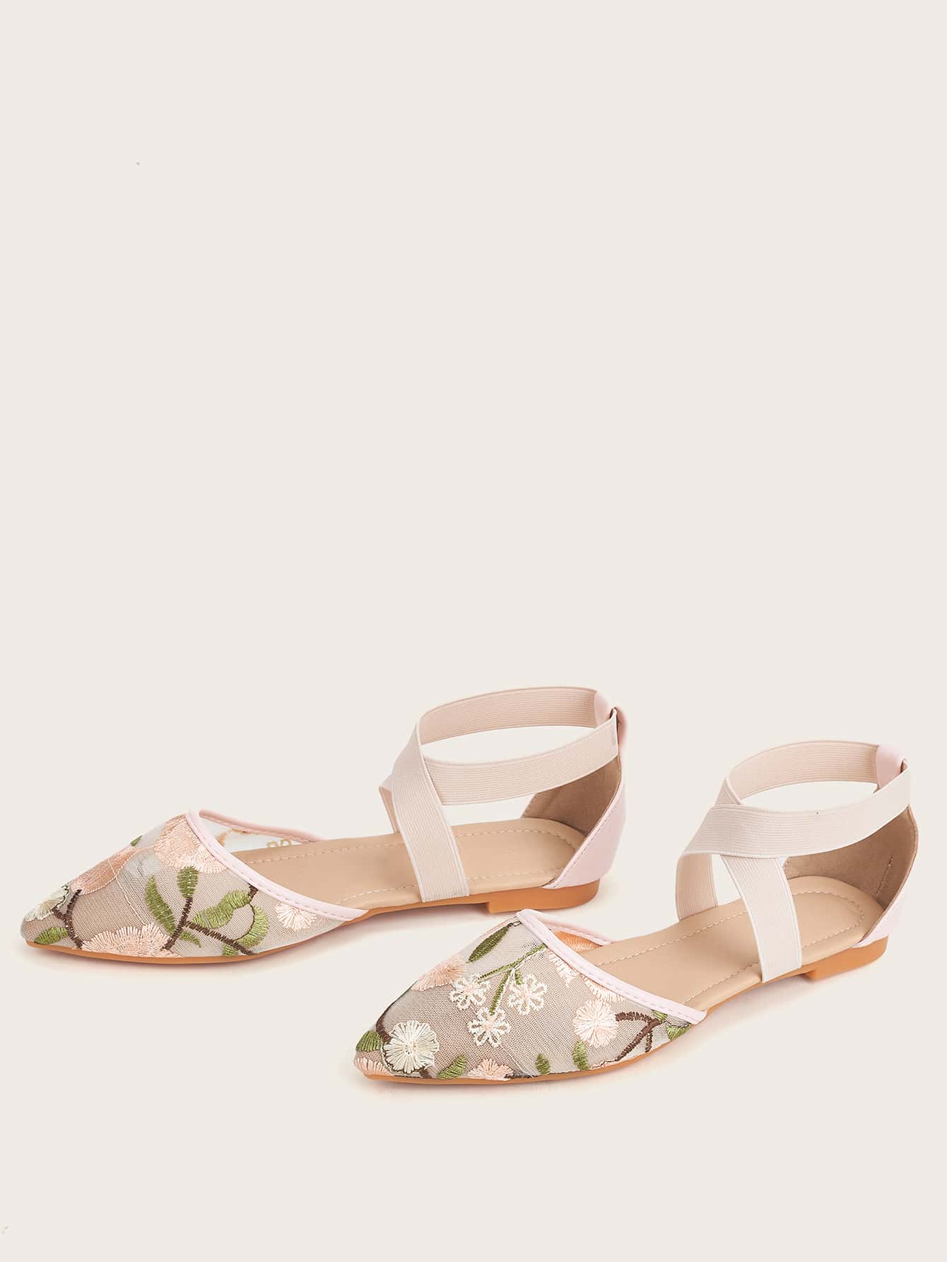 Fall/Winter Women Floral Embroidery Mesh Flats, Fashionable Point Toe Ankle Strap Ballet Flats Valentines
